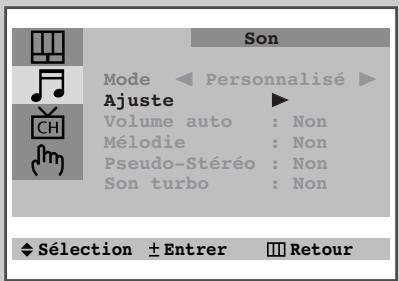 Son Mode ← Personnalisé ▶ Ajuste ▶ Volume auto : Non Mélodie : Non Pseudo-Stéréo : Non Son turbo : Non ◆ Sélection ± Entrer ■ Retour