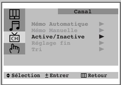 Canal Mémo Automatique ▶ Mémo Manuelle ▶ Active/Inactive ▶ Réglage fin ▶ Tri ▶ ◆ Sélection ± Entrer ■■ Retour