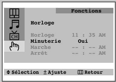 Fonctions Horloge Horloge 11 : 35 AM Minuterie Oui Marche -- : -- AM Arrêt -- : -- AM ♦ Sélection ± Ajuste ■ Retour