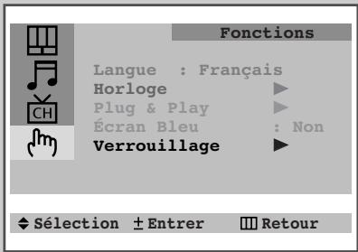 Fonctions Langue : Français Horloge ▶ Plug & Play ▶ Écran Bleu : Non Verrouillage ▶ ◆ Sélection ± Entrer ■■ Retour