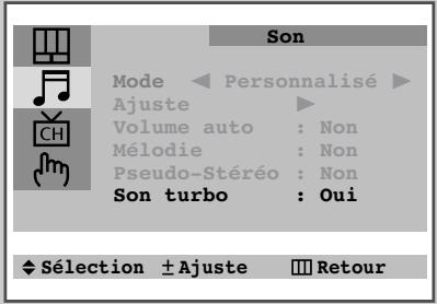 Son Mode ← Personnalisé ► Ajuste ► Volume auto : Non Mélodie : Non Pseudo-Stéréo : Non Son turbo : Oui ◆ Sélection ± Ajuste □ Retour