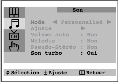 Son Mode ← Personalisé ► Ajuste ► Volume auto : Non Mélodie : Non Pseudo-Stéréo : Non Son turbo : Oui ♦ Sélection ± Ajuste ■ Retour
