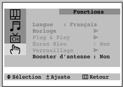 Fonctions Langue : Français Horloge ▶ Plug & Play ▶ Écran Bleu : Non Verrouillage ▶ Booster d'antenne : Non ♦ Sélection ± Ajuste ■ Retour