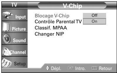 SAMSUNG HL-R5064W - Appuyez sur la touche ENTER pour sélectionner "Blocage V-Chip". Appuyez sur la touche ▲ ou ▼ pour sélectionner "On", puis appuyez sur la touche ENTER. - 2