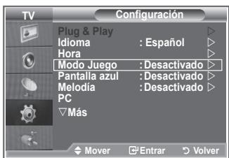 TV Configuración Plug & Play Idioma : Español Hora Modo Juego : Desactivado Pantalla azul : Desactivado Melodia : Desactivado PC Más Mover Entrar Volver