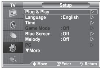 Setup Plug & Play Language : English Time Game Mode : Off Blue Screen : Off Melody : Off PC More Move Enter Return
