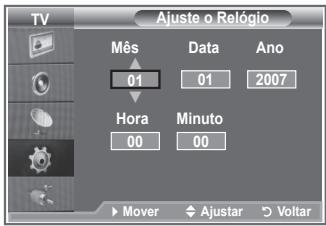 Ajuste o Relógio Mês Data Ano 01 01 2007 Hora Minuto 00 00 ► Mover ◆ Ajustar ○ Voltar