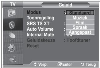 TV Modus : Standard Toonregeling : Muziek SRS TS XT : Film Auto Volume : Spraak Internal Mute : Aangepast Geluidskeuze : On Reset : Hoofdtuner Verpl Enter Terug