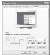 Display Properties Temple Desktop Screen Screen Appearance Settings Display: Default Monitor on NVIDIA GeForce FX-5200 Screen resolution More 1368 by 700 pixels Color quality Highest 120 MB Displacement Advanced OK Cancel Apply