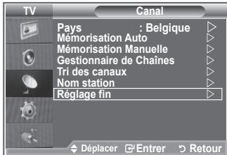 TV Canal Pays : Belgique Mémorisation Auto Mémorisation Manuelle Gestionnaire de Chaînes Tri des canaux Nom station Réglage fin Déplacer Enterr Retour