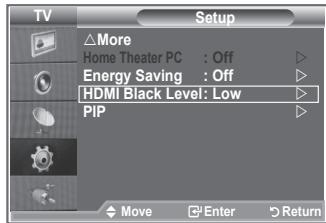 TV Setup △More Home Theater PC : Off Energy Saving : Off HDMI Black Level: Low PIP Move Enter Return