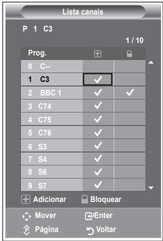 Lista canais P 1 C3 1 / 10 Prog. 0 C-- 1 C3 ✓ 2 BBC 1 ✓ ✓ 3 C74 ✓ 4 C75 ✓ 5 C76 ✓ 6 S3 ✓ 7 S4 ✓ 8 S6 ✓ 9 S7 ✓ + Adicionar ○ Bloquear → Mover ○ Enter ◆ Página ○ Voltar