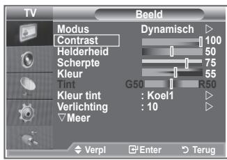 TV Modus Contrast Helderheid Scherpte Kleur Tint Kleur tint : Koel1 Verlichting : 10 Meer Beeld Dynamisch ▷ 100 50 75 55 G50 R50 Verpl Enter Terug