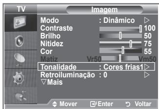 TV Imagem Modo : Dinâmico Contraste 100 Brilho 50 Nitidez 75 Cor 55 Matiz Vr50 Vm50 Tonalidade : Cores frias1> Retroiluminação : 0 Mais Mover Enter Voltar