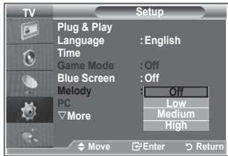 TV Setup Plug & Play Language : English Time Game Mode : Off Blue Screen : Off Melody : Off PC More Low Medium High Move Enter Return
