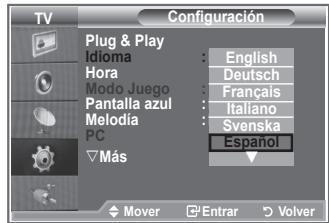 TV Configuración Plug & Play Idioma Hora Modo Juego Pantalla azul Melodia PC Más English Deutsch Français Italiano Svenska Español Mover Entrar Volver