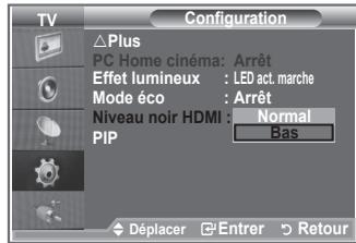 TV Configuration Plus PC Home cinéma: Arrêt Effet lumineux : LED act. marche Mode éco : Arrêt Niveau noir HDMI : Normal PIP Bas Déplacer Entrer Retour