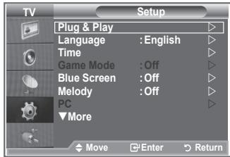 Setup Plug & Play Language : English Time Game Mode : Off Blue Screen : Off Melody : Off PC More Move Enter Return