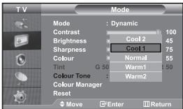TV Mode Dynamic Contrast Cool 2 100 Brightness Cool 1 45 Sharpness Cool 1 75 Colour Normal 55 Tint G 50 Warm1 50 Colour Tone Warm2 Colour Manager Reset Move Enter Return