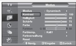 Modus Kontrast : Dynamisch 100 Helligkeit 45 Schärfe 75 Farbe 55 Farbton G 50 R 50 Farbtemp. : Kalt1 Farbverwaltung Reset Navig. Eingabe Zurück