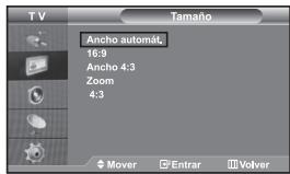 TV Tamaño Ancho automat. 16:9 Ancho 4:3 Zoom 4:3 Mover Entrar Volver