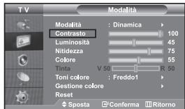 TV Modalità Modalità : Dinamica Contrasto 100 Luminosità 45 Nitidezza 75 Colore 55 Tinta V 50 R 50 Toni colore : Freddo1 Gestione colore Reset Sposta Conferma Ritorno