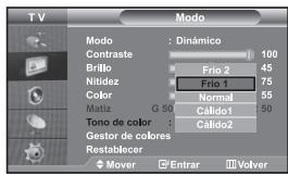 T V Modo Contraste Brillo Nitidez Color Matiz G 50 Tono de color : Gestor de colores Restablecer Mover Entrar Volver Frio 2 Frio 1 Normal Cálido1 Cálido2 100 45 75 55 50