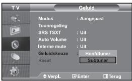 TV Geluid Modus : Aangepast Toonregeling SRS TSXT : Uit Auto Volume : Uit Interne mute : Uit Geluidskeuze : Hoofdtuner Reset Subtuner Verpl. Enter Terug