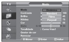T V Modo Contraste : Dinâmico Brilho Standard 100 Nitidez Filme 45 Cor Pessoal 75 Matiz G 50 R 55 Tonalidade : Cores frias1 Gestor de cor Reiniciar Mover Enter Voltar