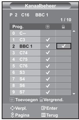 Kanaalbeheer P 2 C16 BBC 1 1 / 10 Prog. 0 C-- 1 C3 ✓ 2 BBC 1 ✓ ✓ 3 C74 ✓ 4 C75 ✓ 5 C76 ✓ 6 S3 ✓ 7 S4 ✓ 8 S6 ✓ 9 S7 ✓ + Toevoegen Vergrend. Verpl. Enter Pagina Terug