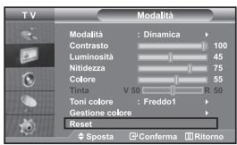 TV Modalità Modalità : Dinamica Contrasto 100 Luminosità 45 Nitidezza 75 Colore 55 Tinta V 50 R 50 Toni colore : Freddo1 Gestione colore Reset Sposta Conferma Ritorno