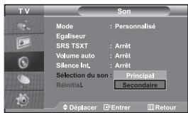 TV Son Mode : Personnalisé Egaliseur SRS TSXT : Arrêt Volume auto : Arrêt Silence Int. : Arrêt Selection du son : Principal Réinitial Secondaire Déplacer Entrer Retour