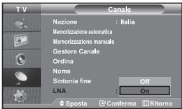 TV Canale Nazione : Italia Memorizzazione automatica Memorizzazione manuale Gestore Canale Ordina Nome Sintonia fine Off LNA : On Sposta Conferma Ritorno