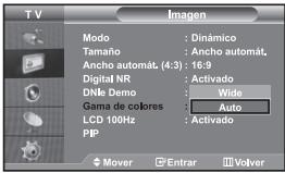 TV Imagen Modo : Dinámico Tamaño : Ancho automát. Ancho automát. (4:3): 16:9 Digital NR : Activado DNLE Demo : Wide Gama de colores : Auto LCD 100Hz : Activado PIP Mover Enrar Volver