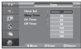 TV Clock Set : Off Sleep Timer : 30 On Timer : 60 Off Timer : 90 120 150 180 Move Enter Return