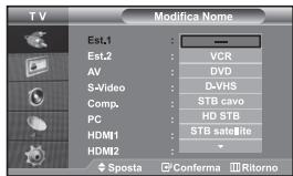TV Modifica Nome Est.1 : — Est.2 : VCR AV : DVD S-Video : D-VHS Comp. : STB cave PC : HD STB HDMI1 : STB satellite HDMI2 : Sposta Conferma Ritorno