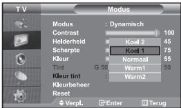 T V Modus Modus : Dynamisch Contrast Helderheid Scherpte Kleur Tint G 50 Kleur tint Kleurbeheer Reset Verpl. Enter Terug