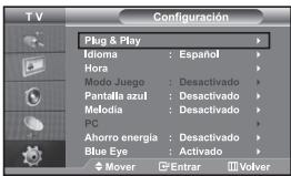 TV Configuración Plug & Play Idioma : Español Hora Modo Juego : Desactivado Pantalla azul : Desactivado Melodia : Desactivado PC Ahorro energía : Desactivado Blue Eye : Activado Mover Entrar Volver