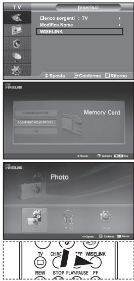 T V Inserisci Elenco sorgenti : TV Modifica Nome WISELINK Sposta Conferma Ritorno WISELINK C:\MOMICESTOR E:\NAMCMEMEMPRO/2 USB Memory Card S Topics Lockers Photo Photo Music Setup 4.1 Spots Conferma Ritorno TV CHMO FEP WISELINK REW STOP PLAY/Pause FF
