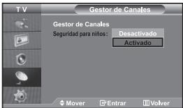 TV Gestor de Canales Gestor de Canales Seguridad para niños: Desactivado Activado Mover Entrar Volver