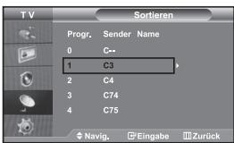 TV Sortieren Progr. Sender Name 0 C-- 1 C3 2 C4 3 C74 4 C75 Navig. Eingabe Zurück