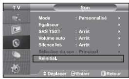 TV Son Mode : Personnalisé Egaliseur SRS TSXT : Arrêt Volume auto : Arrêt Silence Int. : Arrêt Sélection du son : Principal Réinitial Déplacer Entrer Retour