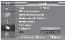 TV Pays : France Mémorisation Auto Mémorisation Manuelle Gestionnaire de Chaînes Tri des canaux Nom station Réglage fin Arrêt LNA : Marche Déplacer Entrer Retour