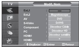 TV Modif, Nom Ext.1 : — Ext.2 : Magnétoscope AV : DVD S-Video : D-VHS Composant : Décodeur Câble PC : Décodeur HD HDMI1 : Décodeur satellite HDMI2 : Déplacer Entrer Retour