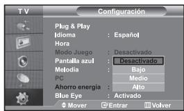 T V Configuración Plug & Play Idioma : Español Hora Modo Juego : Desactivado Pantalla azul : Desactivado Melodia : Bajo PC : Medio Ahorro energía : Alto Blue Eye : Activado Mover Entrar Volver