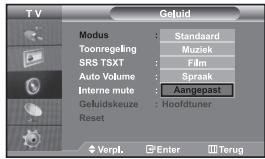 TV Modus : Standaard Toonregeling : Muziek SRS TSXT : Film Auto Volume : Spraak Interne mute : Aangepast Geluidskeuze : Hoofdtuner Reset Verpl. Enter Terug