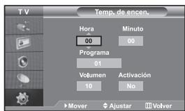 Temp. de encen. Hora 00 Programa 01 Volumen 10 Minutes 00 Activación No Mover Ajustar Volver
