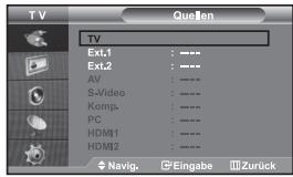 TV TV Ext.1 : ...... Ext.2 : ...... AV : ...... S-Video : ...... Komp. : ...... PC : ...... HDMI1 : ...... HDMI2 : ...... Navig. Eingabe Zurück