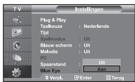 T V Instellingen Plug & Play Taalkeuze : Nederlands Tijd Spelmodus : Uit Blauw scherm : Uit Melodie : Uit PC Spaarstand : Uit Blue Eye : Aan Verpl. Enter Terug