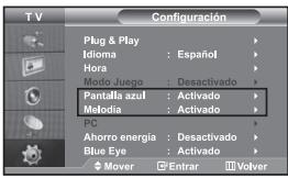 TV Configuración Plug & Play Idioma : Español Hora Modo Juego : Desactivado Pantalla azul : Activado Melodia : Activado PC Ahorro energía : Desactivado Blue Eye : Activado Mover Entrar Volver